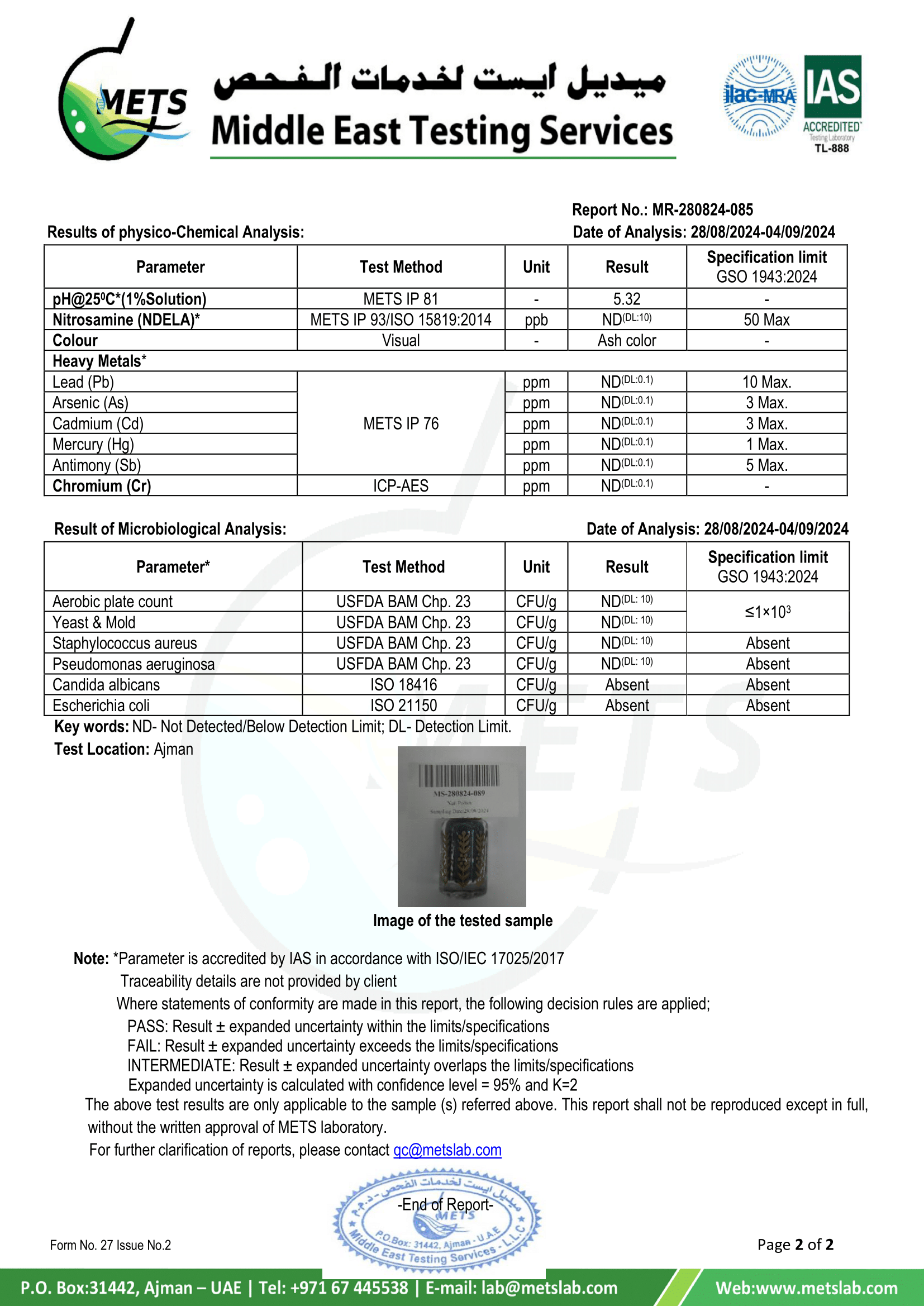 METS laboratory report, second page